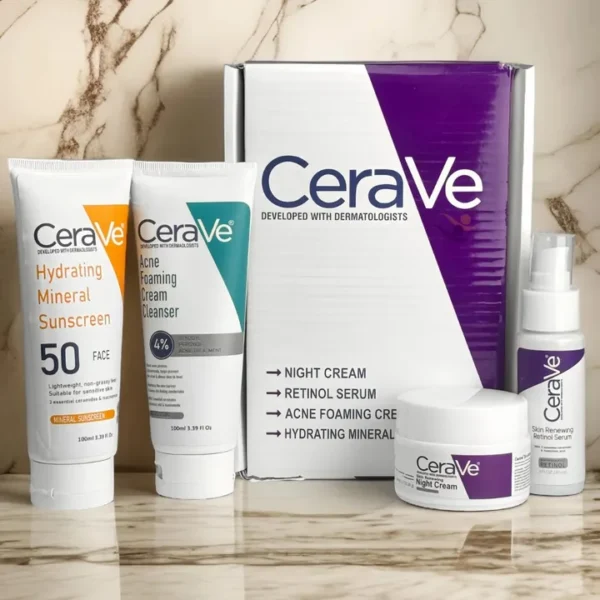CeraVe Skincare Essentials Bundle – Cleanser, Night Cream, Serum & Sunblock (4 Pcs)